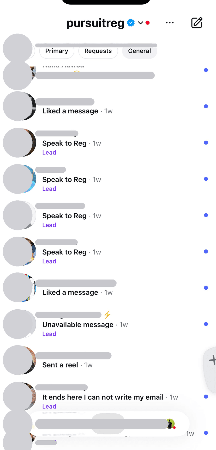 Reg's actual inbox. Every thread tagged Lead is a stranger who watched a video, raised their hand, and started a conversation. Names and faces are blanked out because these are real people. This is what month two builds toward.