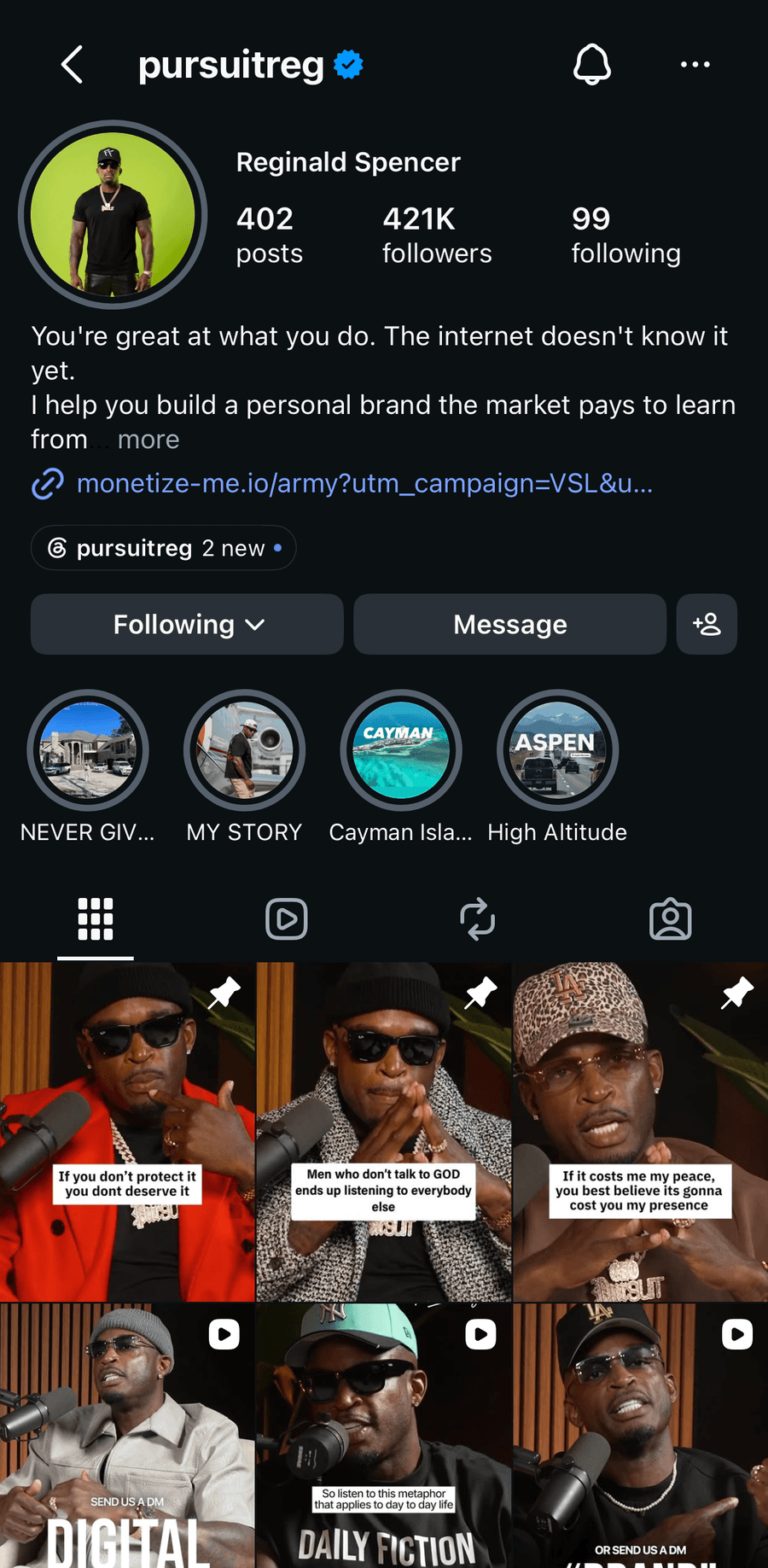 Reg's own account. Everything a stranger needs in about four seconds: who he is, who he helps, and what to do next. This is the standard your profile gets rebuilt to on your onboarding call, live, while you watch.